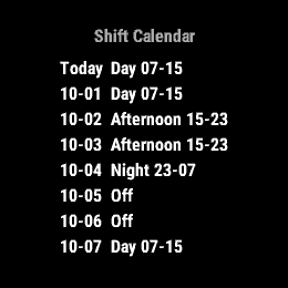 Shift Calendar, Forerunner 255, screen 1