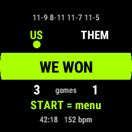 Squash Score, Forerunner 255, screen 2